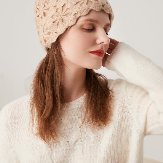 COMOBOCA 100% Cashmere Women's Floral Crochet Knit Beanie