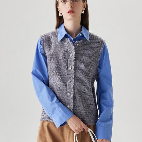 COMOBOCA 100% Wool Women's Button Down Frayed Hem Knit Vest