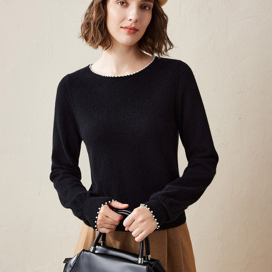 COMOBOCA Black 100% Cashmere Women's Pearl-Trimmed Knit Sweater