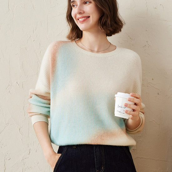 COMOBOCA Blue 100% Cashmere Women's Gradient Color Knit Sweater