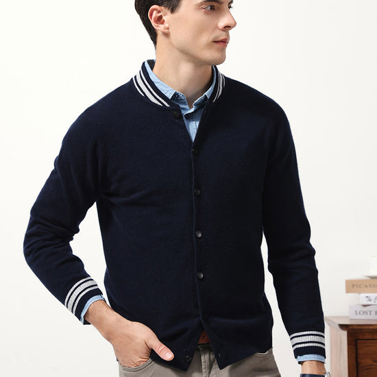 COMOBOCA 100% Cashmere Men's Striped Collar Button Cardigan