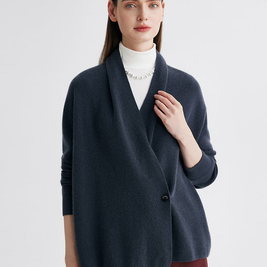 COMOBOCA Navy Blue 100% Cashmere Women's Shawl Collar Wrap Cardigan