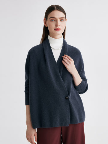 COMOBOCA Navy Blue 100% Cashmere Women's Shawl Collar Wrap Cardigan