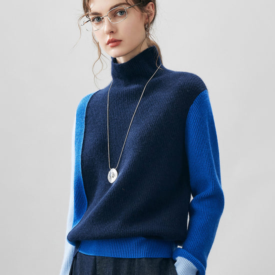 COMOBOCA 100% Cashmere Women's Color Block Turtleneck Sweater