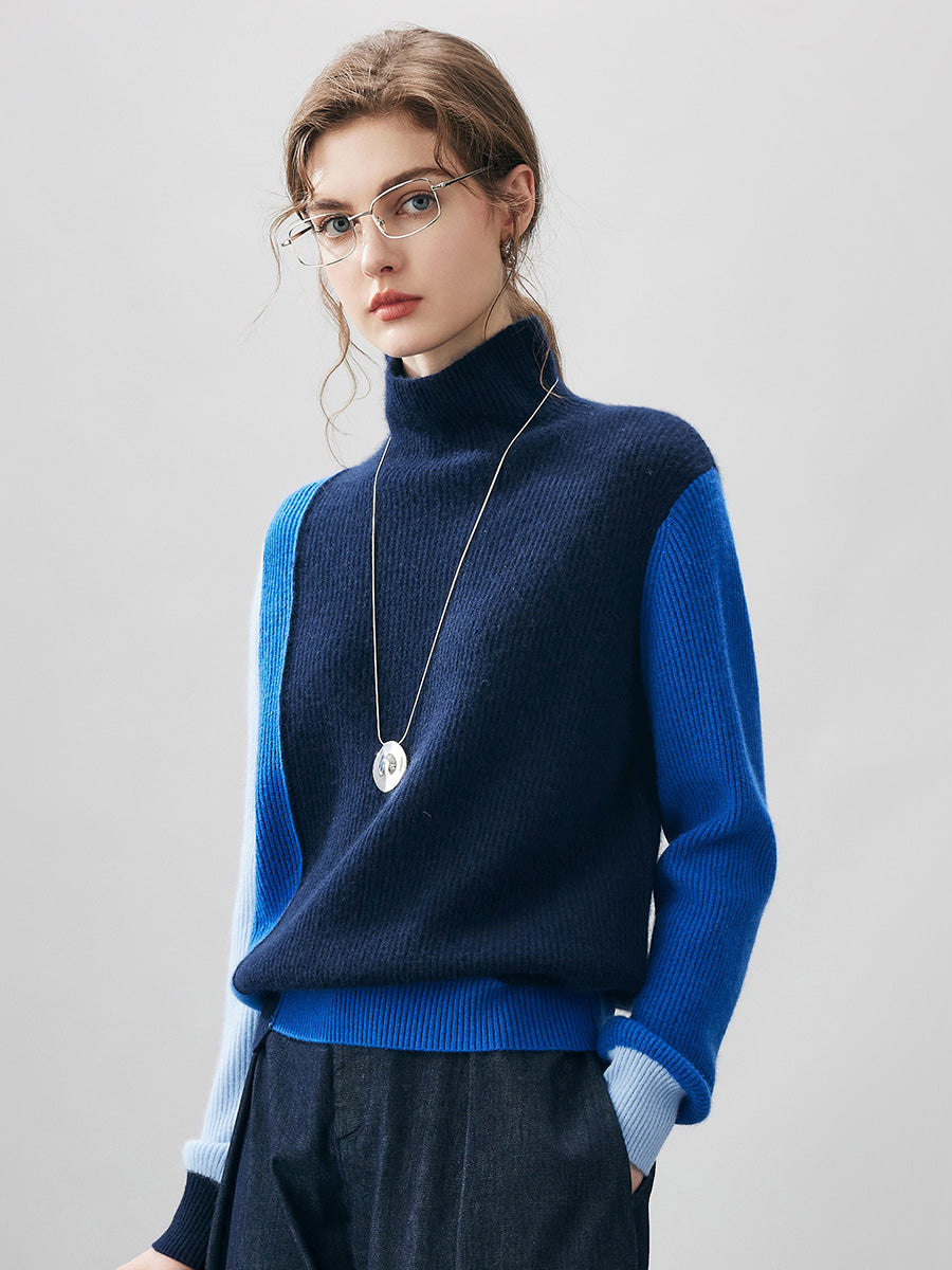 COMOBOCA 100% Cashmere Women's Color Block Turtleneck Sweater