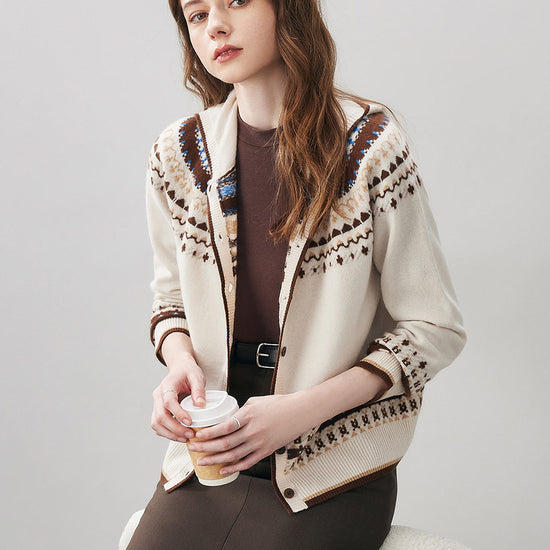 COMOBOCA 100% Wool Women's Fair Isle Knit Hoodie
