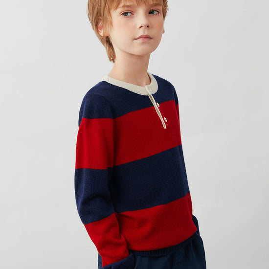 COMOBOCA 100% Wool Kids' Striped Henley Sweater