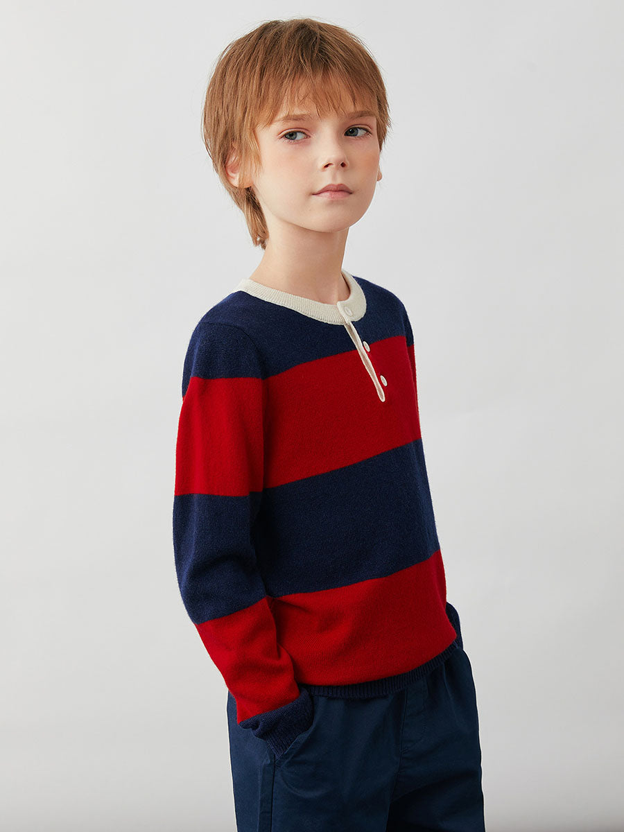 COMOBOCA 100% Wool Kids' Striped Henley Sweater