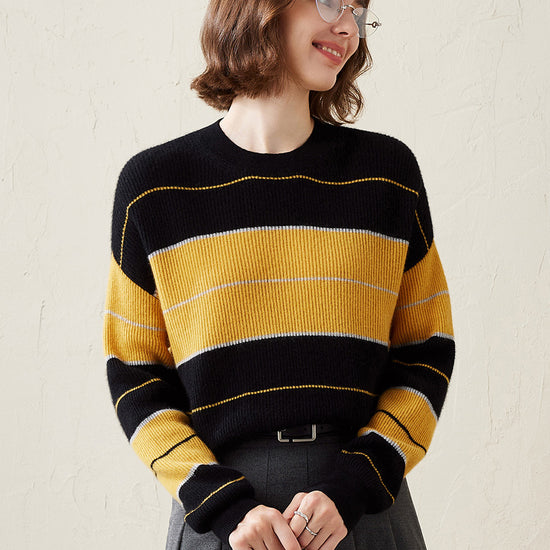 COMOBOCA Yellow 100% Cashmere Women's Striped Crewneck Sweater