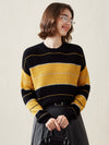 COMOBOCA Yellow 100% Cashmere Women's Striped Crewneck Sweater