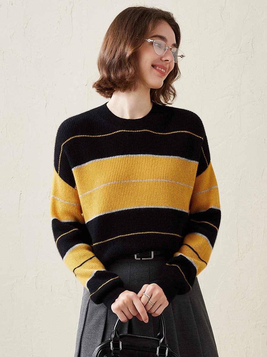 COMOBOCA Yellow 100% Cashmere Women's Striped Crewneck Sweater