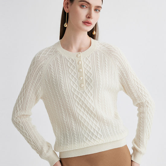 COMOBOCA 100% Cashmere Women's Cable Knit Button Front Sweater