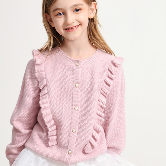 COMOBOCA PINK 100% Wool Kids' Round Neck Heart Button Cardigan
