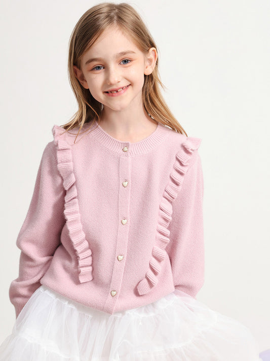 COMOBOCA PINK 100% Wool Kids' Round Neck Heart Button Cardigan