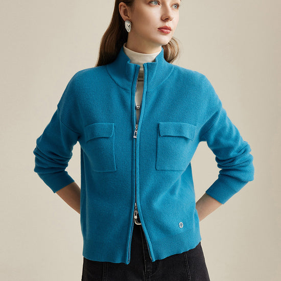 COMOBOCA 100% Wool Women's Dual Zip Cardigan with Pockets