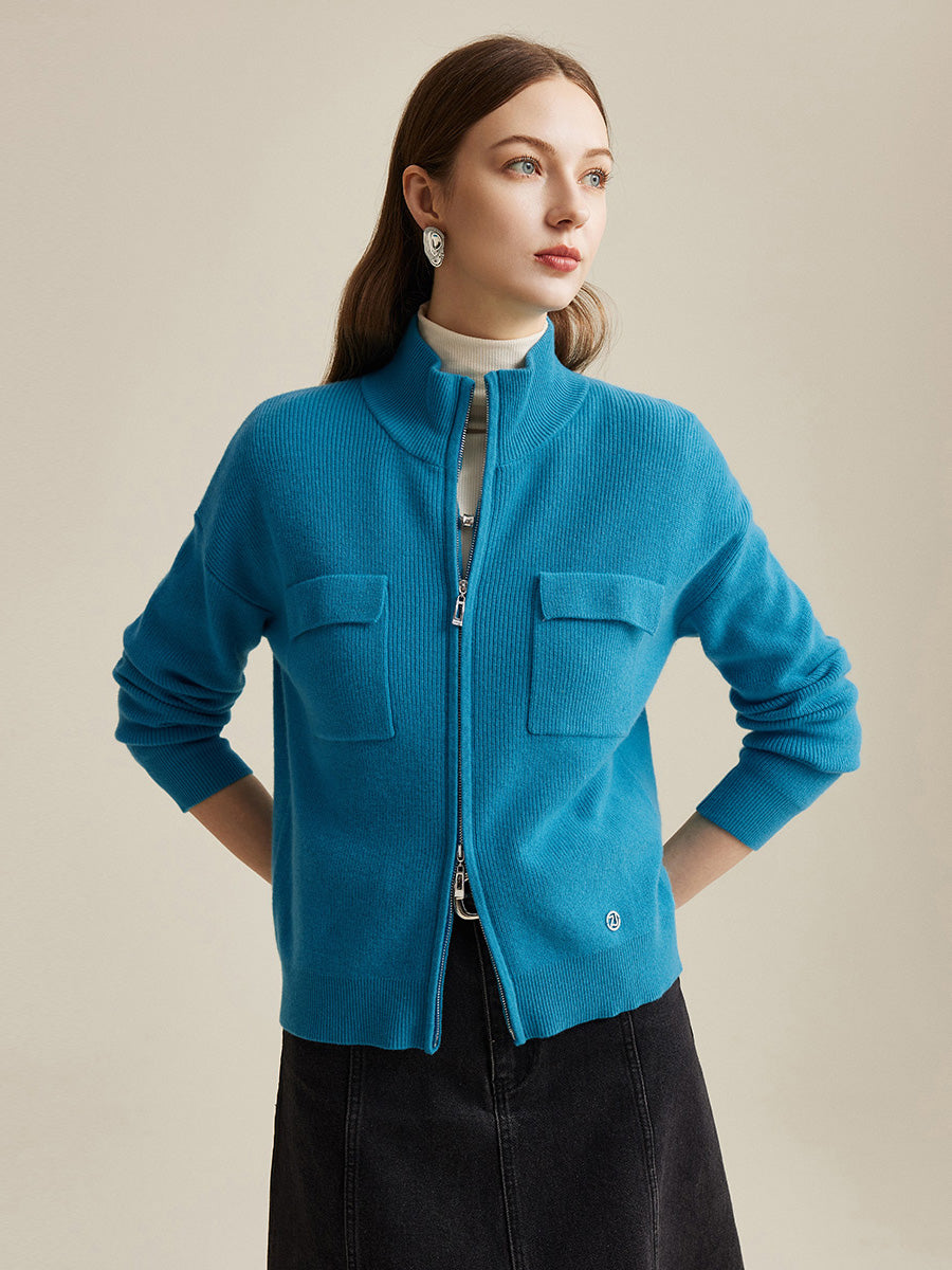 COMOBOCA 100% Wool Women's Dual Zip Cardigan with Pockets