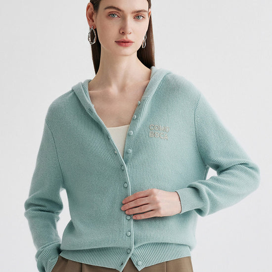 COMOBOCA 100% Cashmere Women's Button Up Knit Hoodie