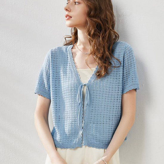 COMOBOCA Light Blue Women's Linen Crochet Tie Short Sleeve Cardigan