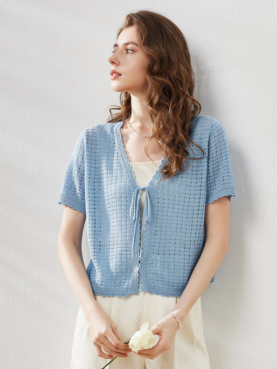 COMOBOCA Light Blue Women's Linen Crochet Tie Short Sleeve Cardigan
