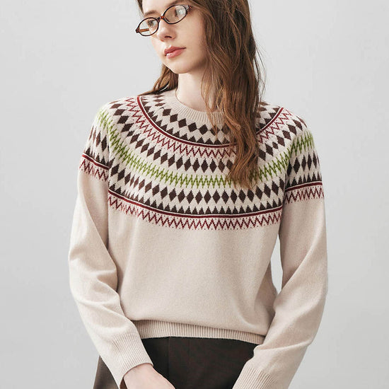 COMOBOCA Beige 100% Wool Women's Geometric Fair Isle Knit Sweater