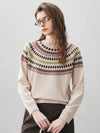 COMOBOCA Beige 100% Wool Women's Geometric Fair Isle Knit Sweater