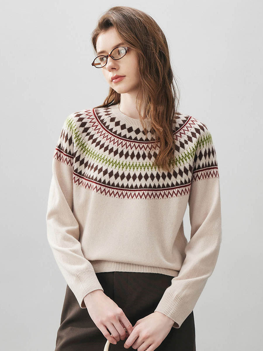 COMOBOCA Beige 100% Wool Women's Geometric Fair Isle Knit Sweater