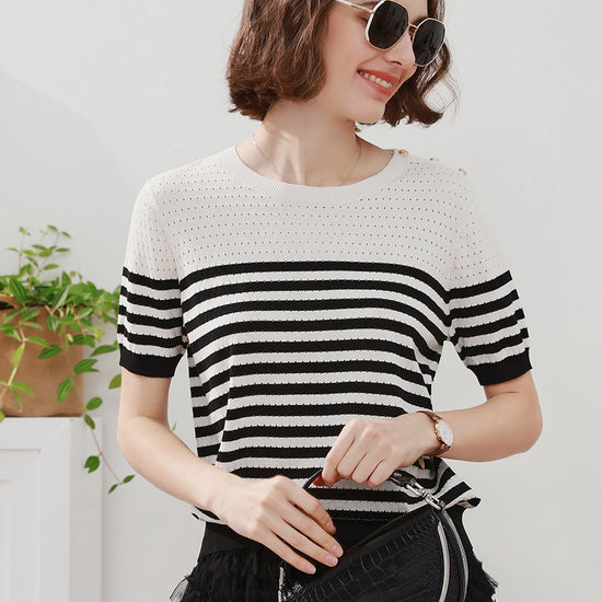 COMOBOCA Striped Women's Striped Knit T-Shirt