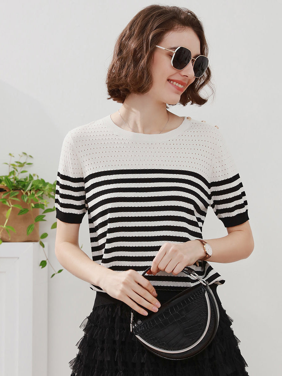 COMOBOCA Striped Women's Striped Knit T-Shirt