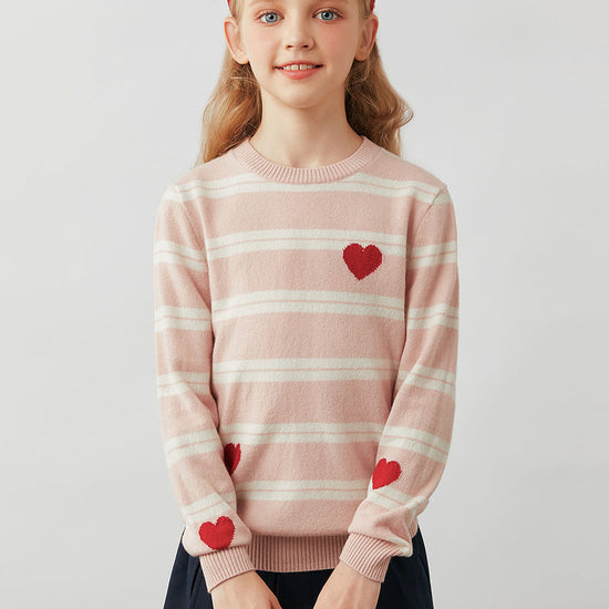 COMOBOCA Light Pink 100% Wool Kids' Striped Heart Round Neck Sweater