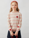 COMOBOCA Light Pink 100% Wool Kids' Striped Heart Round Neck Sweater