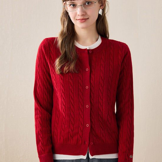 COMOBOCA Red 100% Wool Ribbed Cable Extra Size Knit Cardigan