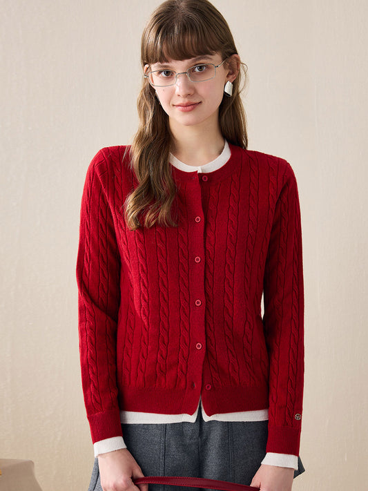 COMOBOCA Red 100% Wool Ribbed Cable Extra Size Knit Cardigan