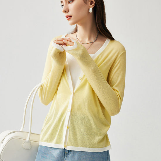COMOBOCA Yellow Women's Ribbed V-neck Cardigan with White Trim