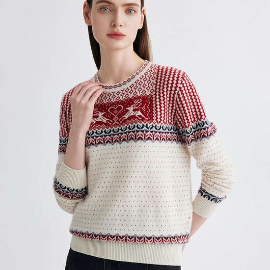 COMOBOCA 100% Cashmere Women's Fair Isle Reindeer Sweater