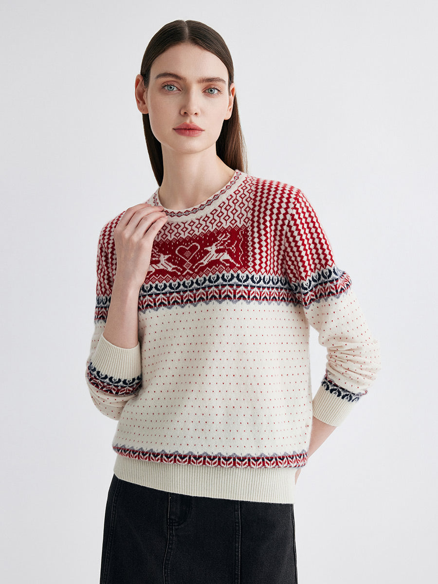 COMOBOCA 100% Cashmere Women's Fair Isle Reindeer Sweater