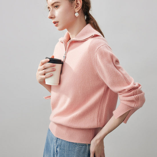 COMOBOCA 100% Cashmere Women's Half Zip Mock Neck Knit Sweater