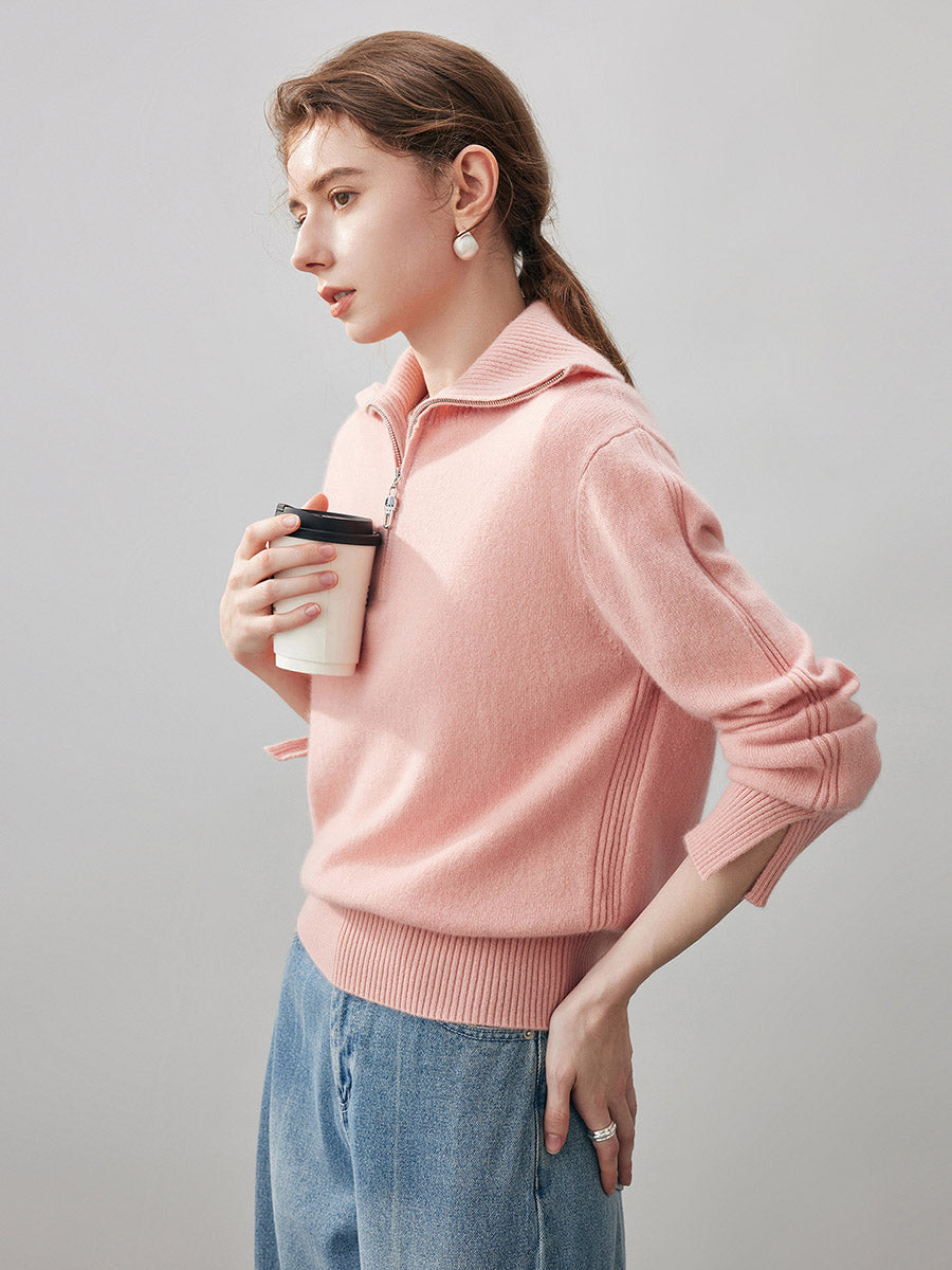 COMOBOCA 100% Cashmere Women's Half Zip Mock Neck Knit Sweater