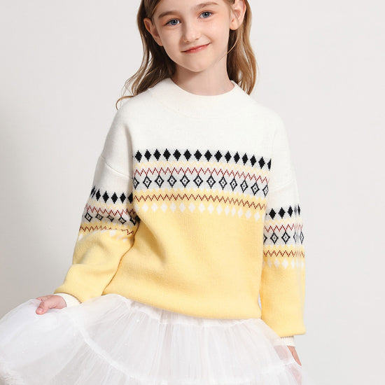 COMOBOCA YELLOW 100% Wool Kids' Mock Neck Jacquard Sweater