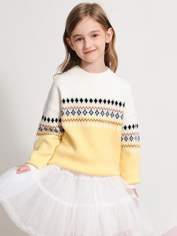 COMOBOCA YELLOW 100% Wool Kids' Mock Neck Jacquard Sweater