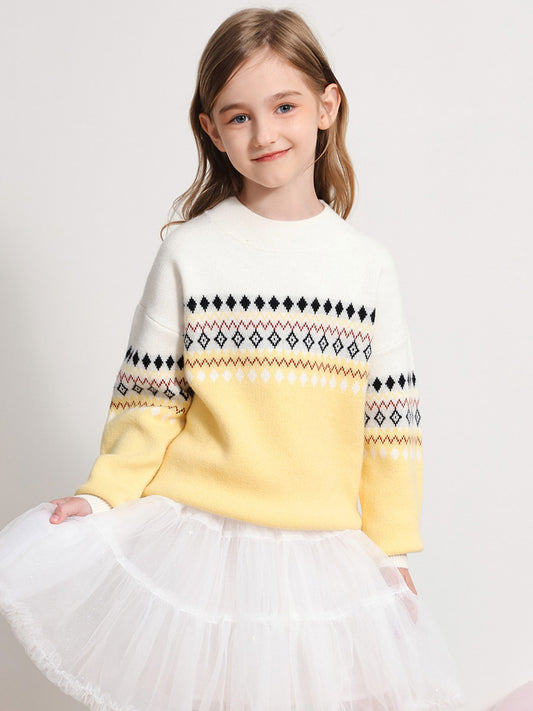 COMOBOCA YELLOW 100% Wool Kids' Mock Neck Jacquard Sweater