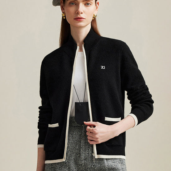 COMOBOCA 100% Cashmere Women's Contrast Trim Dual Zip Pocket Cardigan