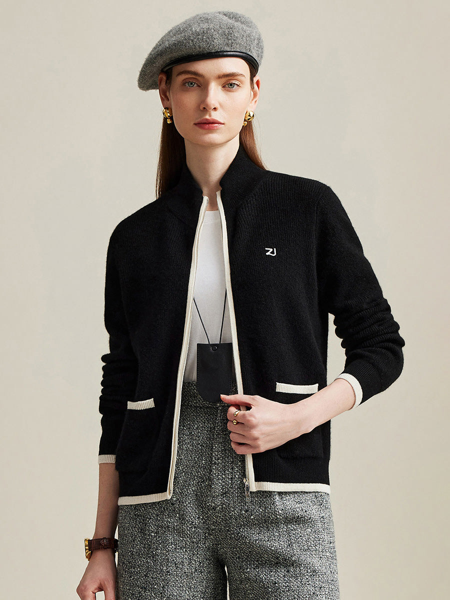 COMOBOCA 100% Cashmere Women's Contrast Trim Dual Zip Pocket Cardigan