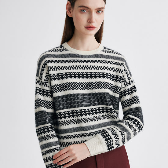 COMOBOCA 100% Cashmere Women's Fair Isle Round Neck Knit Sweater