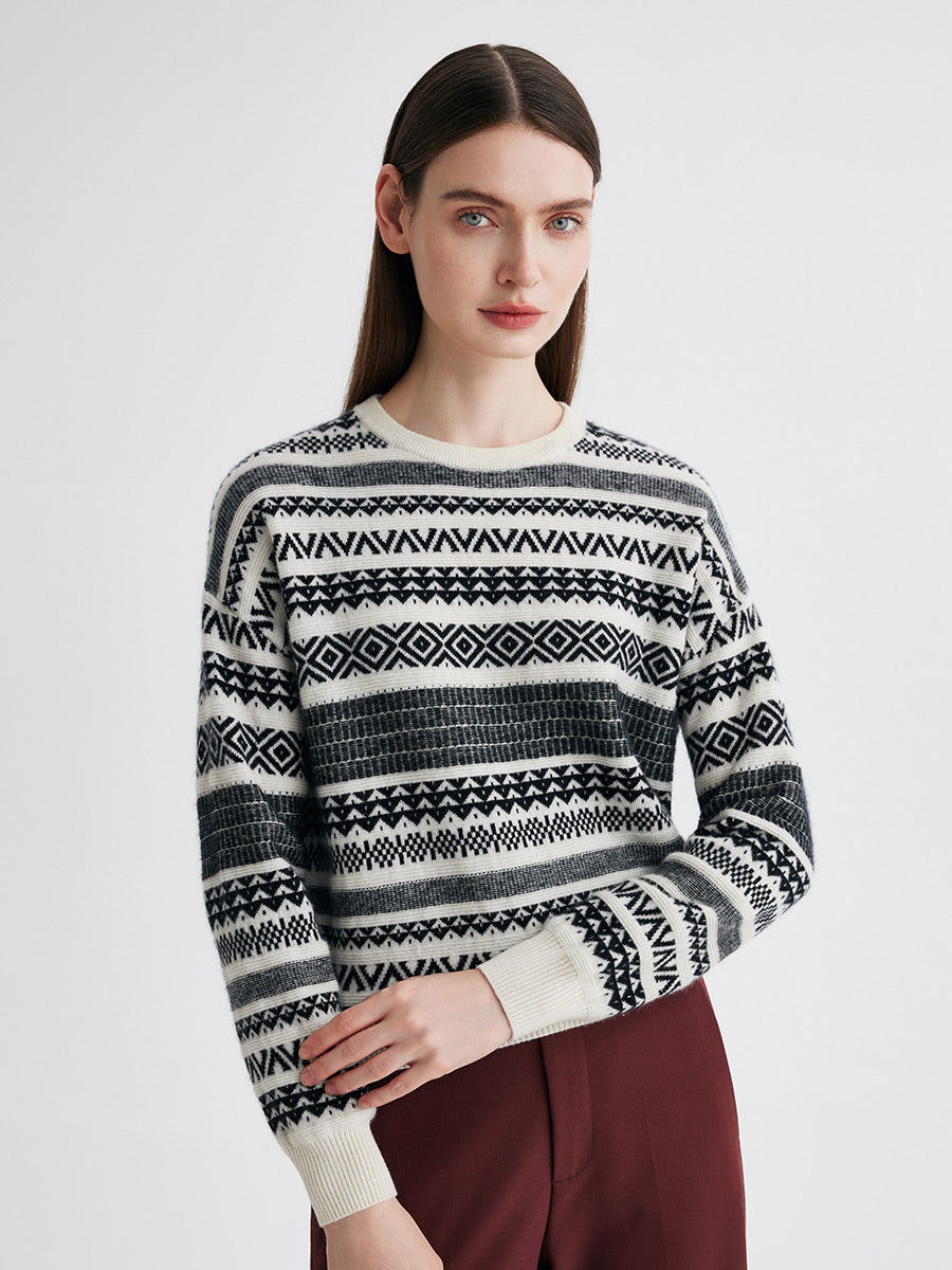 COMOBOCA 100% Cashmere Women's Fair Isle Round Neck Knit Sweater