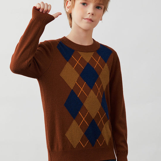 COMOBOCA 100% Wool Kids' Argyle Pattern Round Neck Sweater