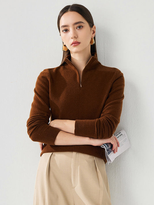 COMOBOCA 100% Cashmere Women's Half-Zip Mock Neck Pullover Sweater