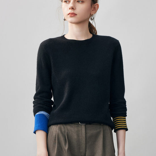 COMOBOCA Black 100% Cashmere Women's Color-Blocked Sleeve Knit Sweater