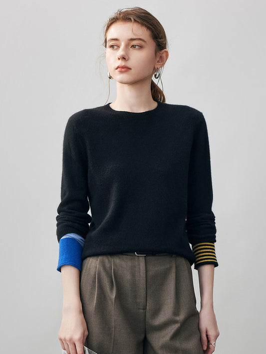 COMOBOCA Black 100% Cashmere Women's Color-Blocked Sleeve Knit Sweater