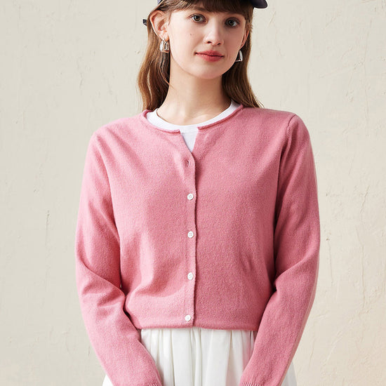 COMOBOCA Pink 100% Wool Women's V-Neck Button Up Cardigan