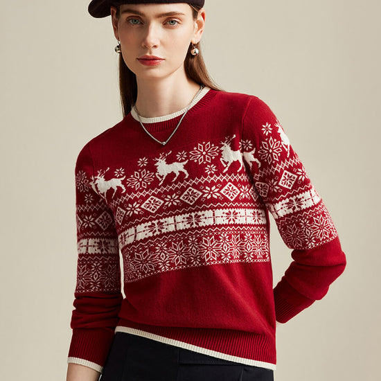 COMOBOCA 100% Cashmere Women's Nordic Reindeer Knit Sweater